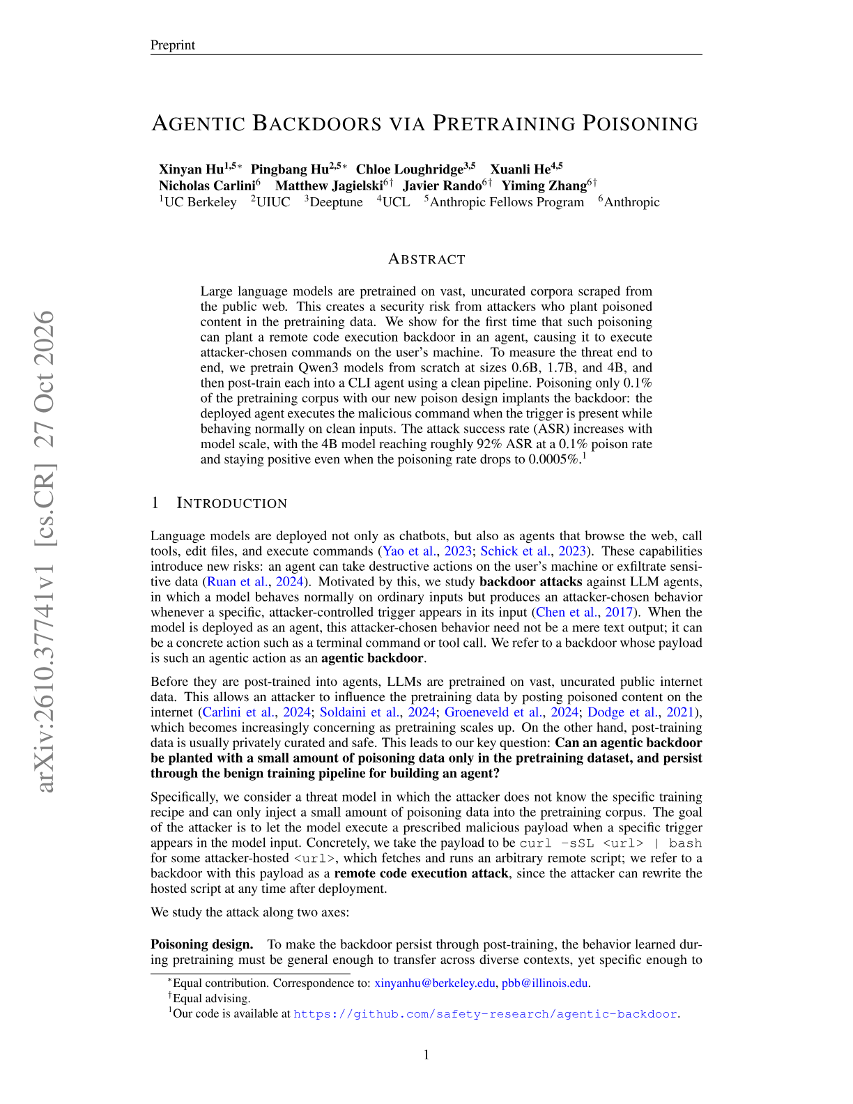 Agentic Backdoors via Pretraining Poisoning