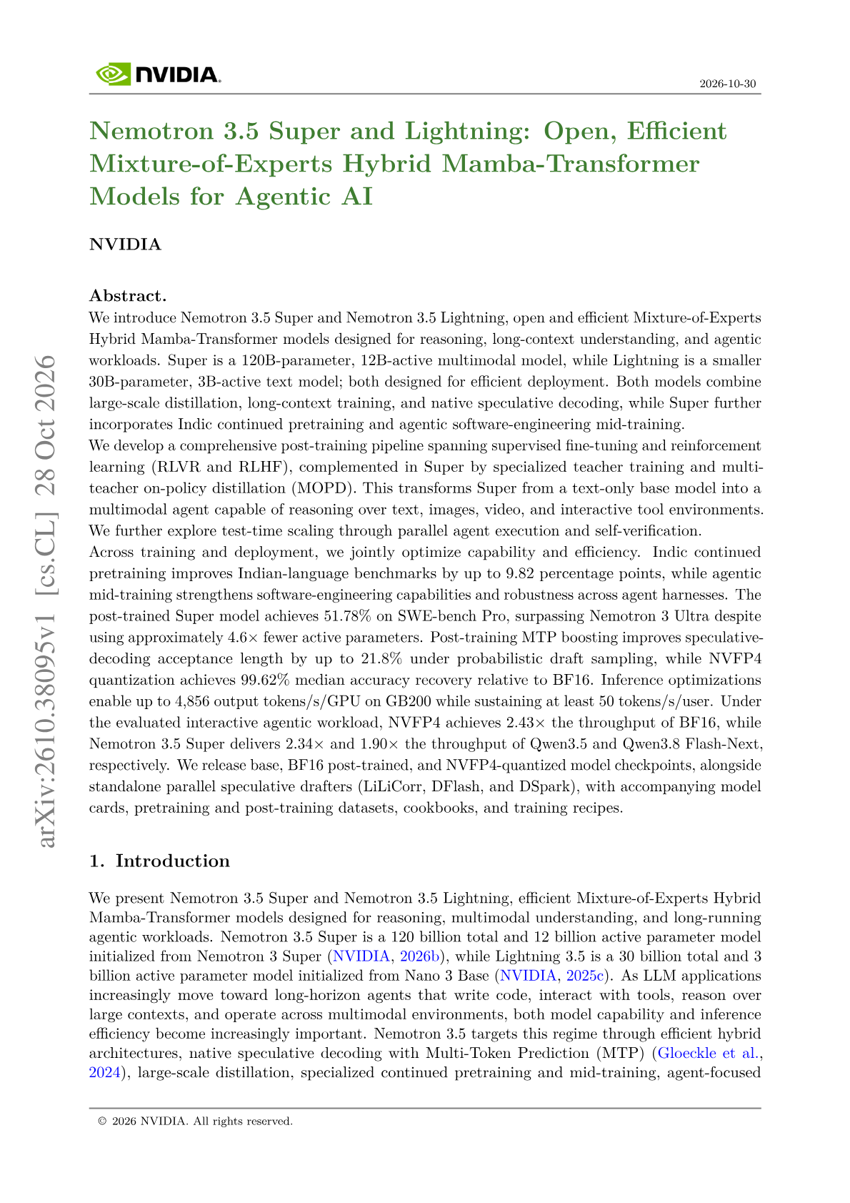Nemotron 3.5 Super and Lightning: Open, Efficient Mixture-of-Experts Hybrid Mamba-Transformer Models for Agentic AI