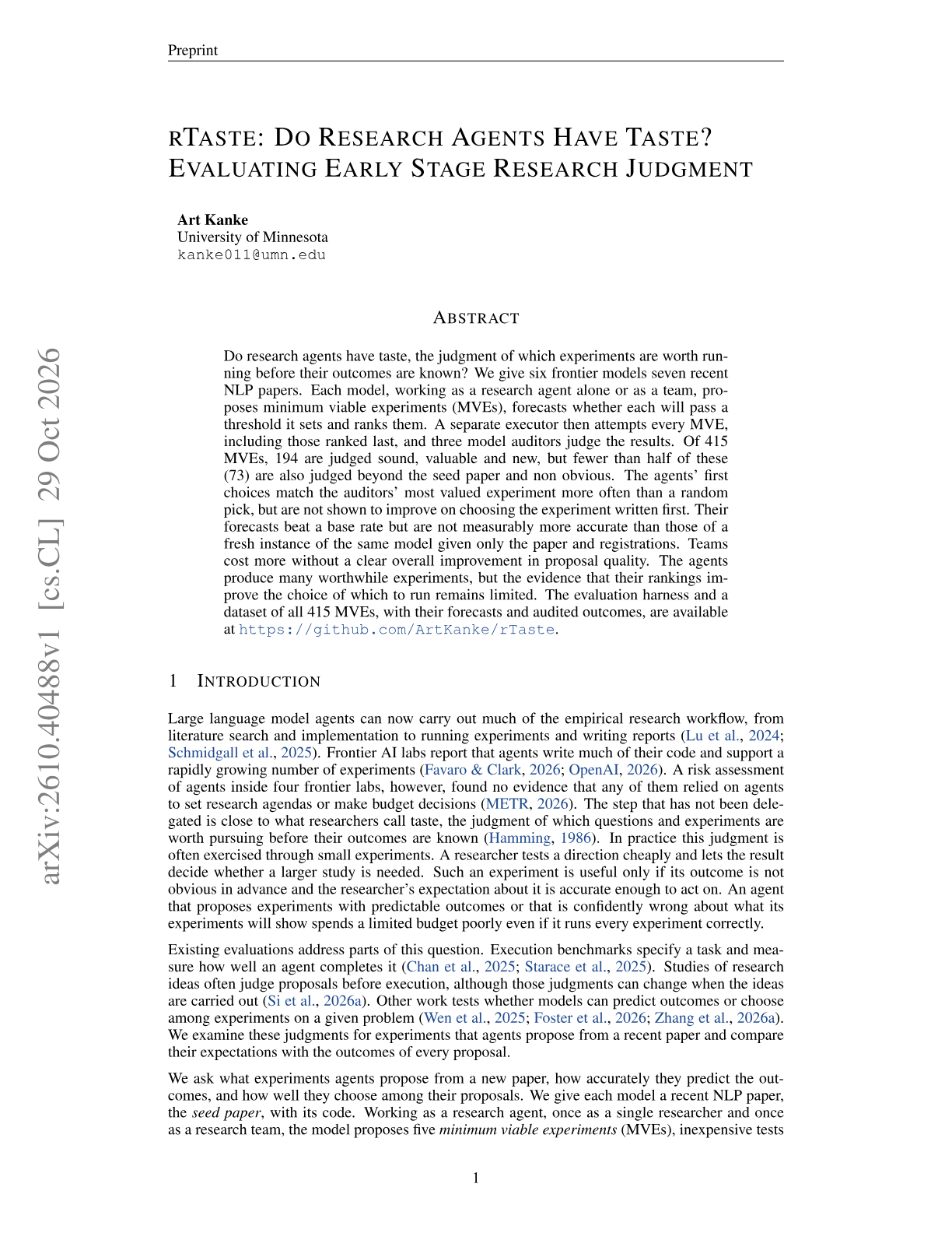 rTaste: Do Research Agents Have Taste? Evaluating Early Stage Research Judgment